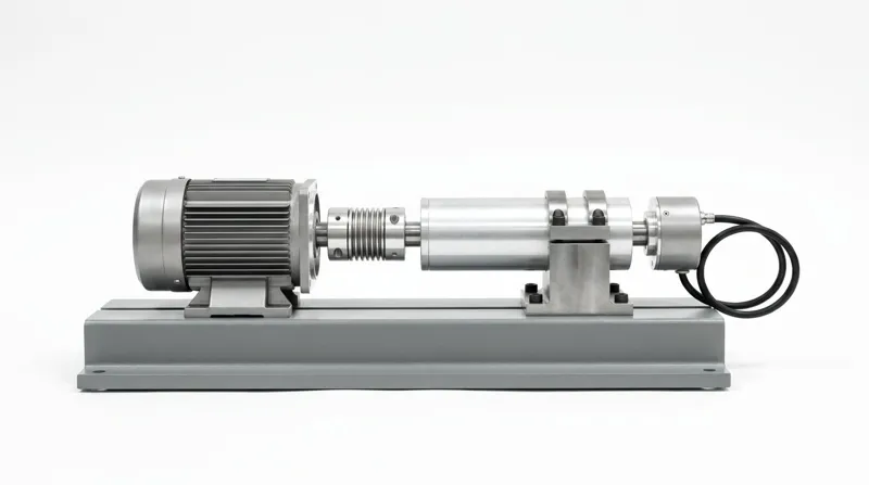A single speedometer test bench on a plain white studio background, seen from the side: a long flat grey painted steel base plate carrying, in one straight line on a common shaft axis, a grey finned electric motor on a steel foot, a bright bellows coupling, a cylindrical bright aluminium pulse generator held in a machined steel clamp block, and a smaller cylindrical encoder at the far end with a looped black cable, and no people