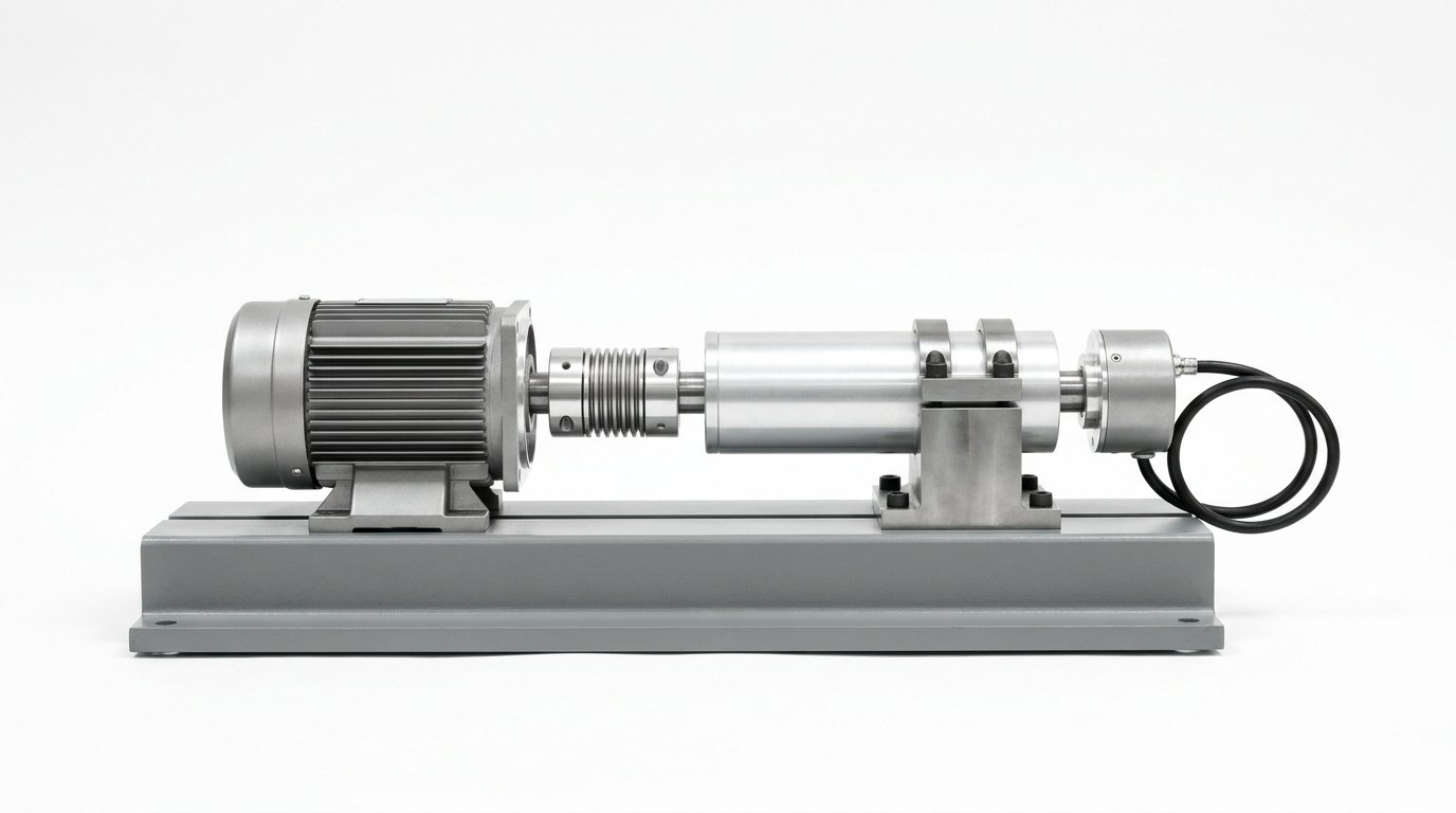A single speedometer test bench on a plain white studio background, seen from the side: a long flat grey painted steel base plate carrying, in one straight line on a common shaft axis, a grey finned electric motor on a steel foot, a bright bellows coupling, a cylindrical bright aluminium pulse generator held in a machined steel clamp block, and a smaller cylindrical encoder at the far end with a looped black cable, and no people