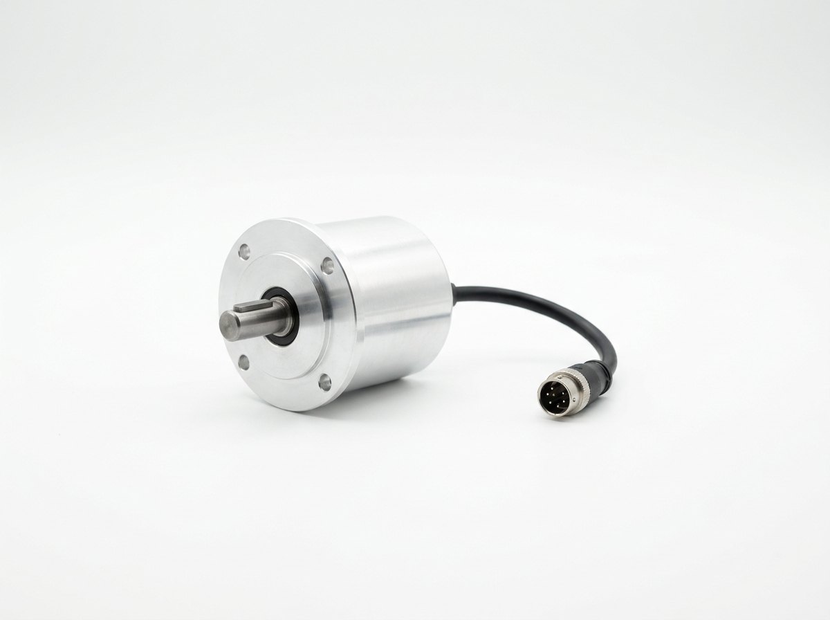A single axle-end pulse generator on a plain white studio background: a cylindrical bright aluminium housing with a round mounting flange carrying four round bolt holes, a short keyed steel input shaft at the front, and a short black sheathed cable leading to a round multi-pin connector, and no people