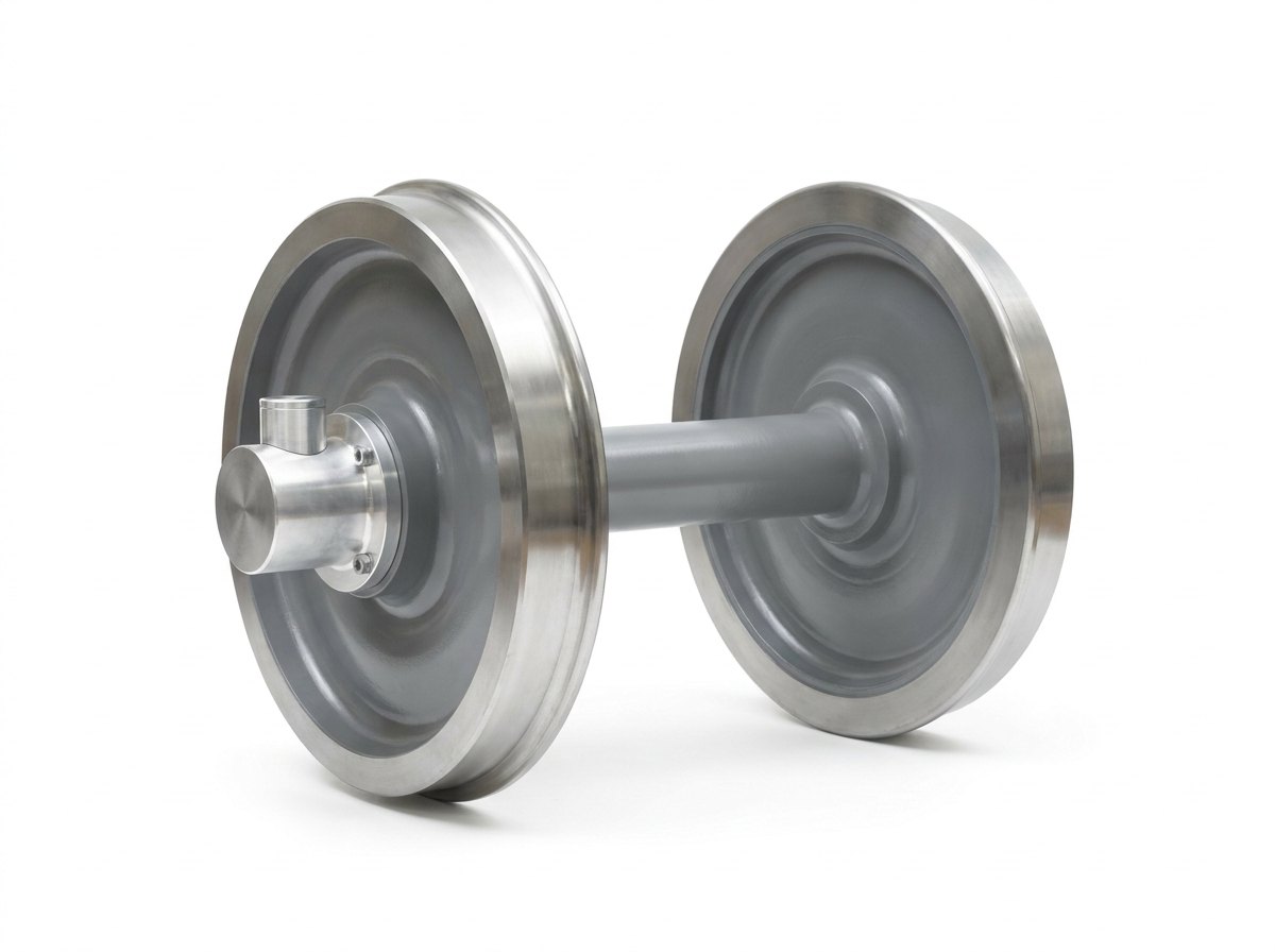 A single railway wheelset on a plain white studio background: two identical solid steel wheels with bright machined treads and flanges and grey painted centres on one grey axle, with a round steel end cover and a small cylindrical aluminium sensor housing bolted to one axle end, and no people