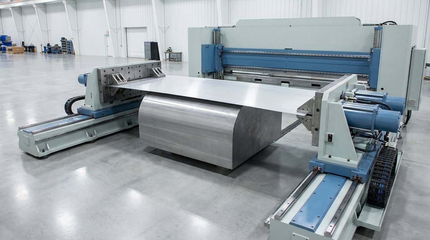 A large stretch-forming machine drawing a flat aluminium skin panel around a smooth convex form block, gripped at both ends by hydraulic jaw carriages that pull the sheet taut as it wraps the die