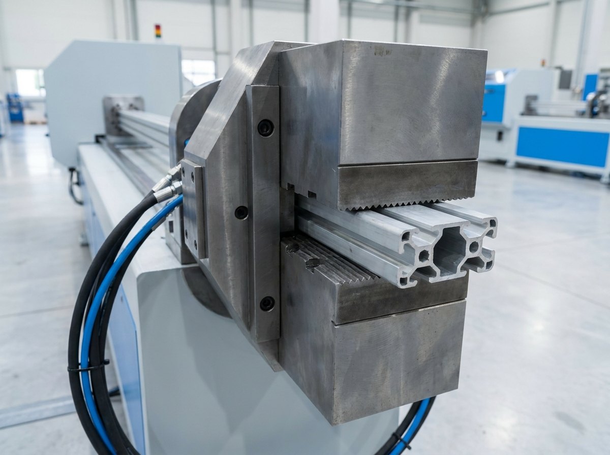 Close view of a heavy hydraulic wedge gripping jaw clamped on the cut end of a thick extruded aluminium profile, with serrated hardened jaw faces and hydraulic hoses running away to one side