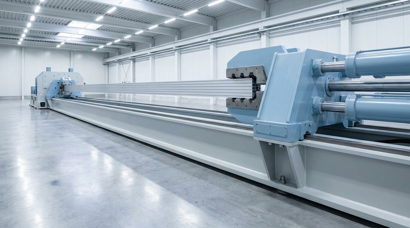 A long horizontal stretching machine in a metals plant: a fixed head at one end and a moving head at the other on a single straight bed, with an extruded aluminium profile clamped between their gripping jaws and hydraulic cylinders behind the moving head
