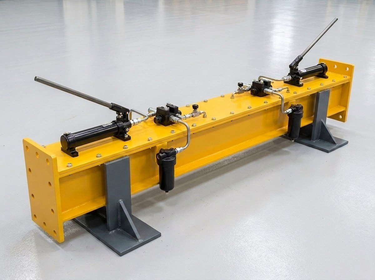 Representative render — hydraulic power beam of a Su-30 MKI multipurpose installation trolley: safety-yellow fabricated reservoir beam with twin hand pumps, direction control valves, inline filters and end mounting flanges