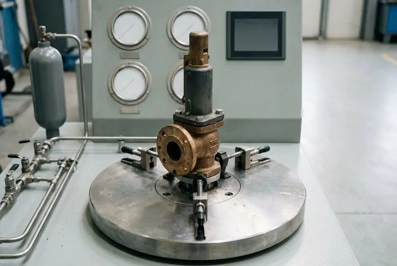 Illustrative image, not a delivered bench — a safety valve test bench in a workshop: a flanged bronze-and-steel safety valve clamped upright on a heavy circular quick-clamp table, a grey instrument panel with blank round gauges and one dark screen behind it, a vertical accumulator bottle, stainless tubing and hand valves, clean workshop floor, no people and no text