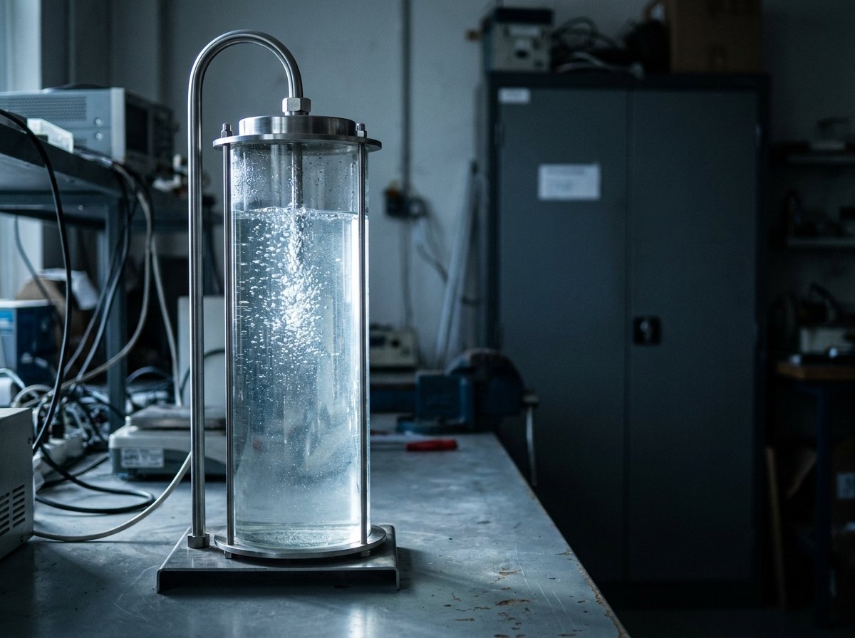 Illustrative image, not a delivered bench — a seat-tightness test column: a tall clear water-filled cylinder on a grey stand with a stainless tube entering and curving down inside, a fine stream of small bubbles rising from the submerged tube opening, soft backlight through the water, laboratory bench setting, no people and no text