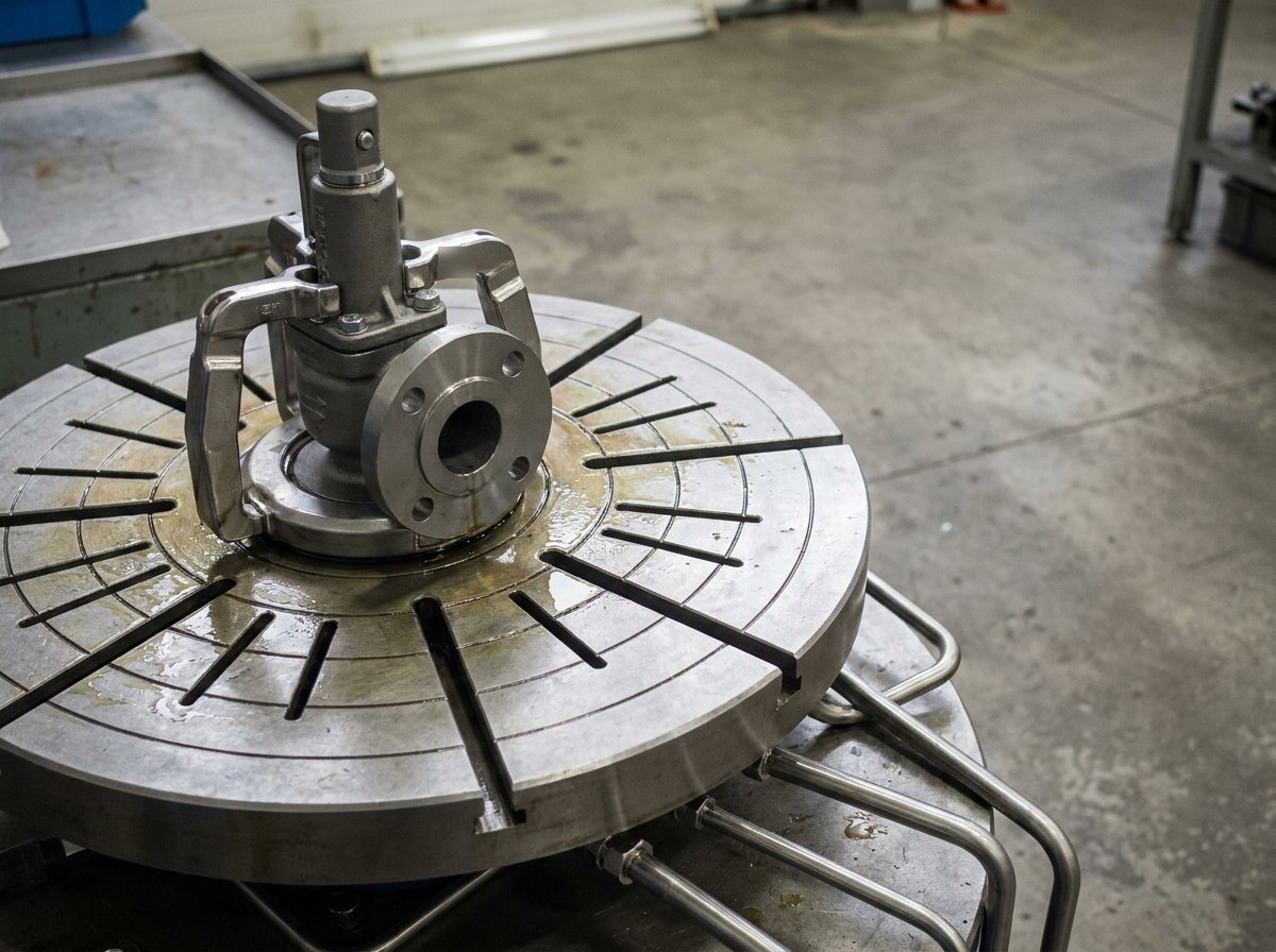 Illustrative image, not a delivered bench — close view of a safety-valve quick-clamp: three hydraulic clamp arms holding a flanged steel safety valve down onto a polished circular test table, a ring of bolt slots in the table, stainless supply tubing entering beneath, fine oil sheen on machined surfaces, no people and no text