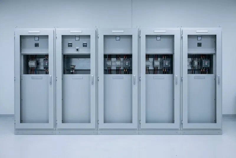 Illustrative of the class — a row of five tall floor-standing light-grey painted steel switchboard cubicles bolted together into a continuous line-up in a clean assembly hall, each about two metres high with hinged front doors, plain recessed panel areas, brushed stainless handles, a continuous plinth along the base and blank legend strips above each door, with moulded-case breakers and coloured cabling visible in the open upper compartments, no people and no readable markings