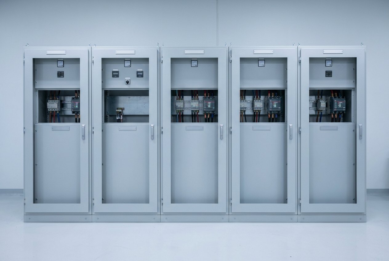 Illustrative of the class — a row of five tall floor-standing light-grey painted steel switchboard cubicles bolted together into a continuous line-up in a clean assembly hall, each about two metres high with hinged front doors, plain recessed panel areas, brushed stainless handles, a continuous plinth along the base and blank legend strips above each door, with moulded-case breakers and coloured cabling visible in the open upper compartments, no people and no readable markings