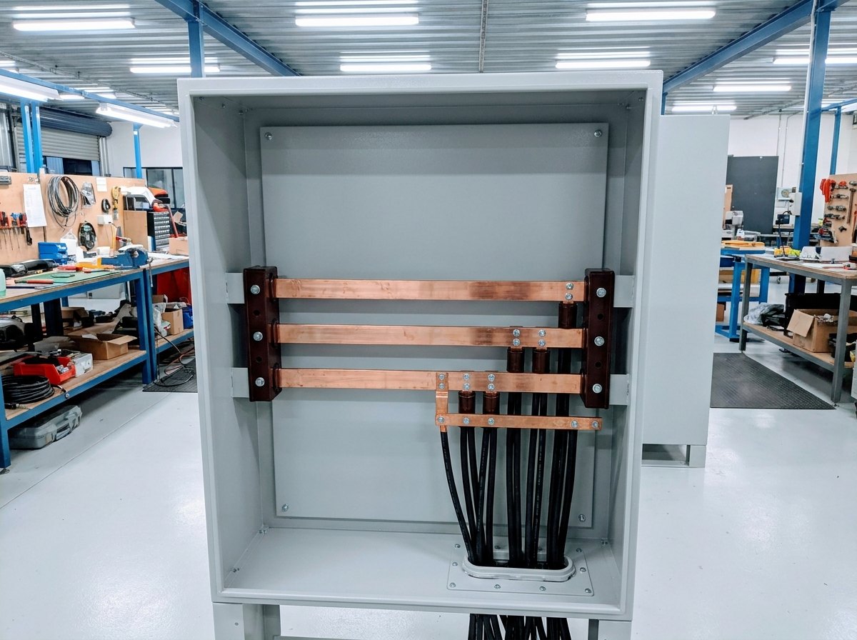 Illustrative of the class — close view into the open rear of a switchboard cubicle: three horizontal flat bright copper busbars running the width of the compartment one above the other, each clamped at intervals into dark moulded insulator blocks bolted to the steel side frames, short vertical copper droppers bolted to the main bars with bright hardware, a smaller copper earth bar low down and neat black cable tails leaving downward through a gland plate, clean light-grey painted steelwork around them, no people and no readable markings