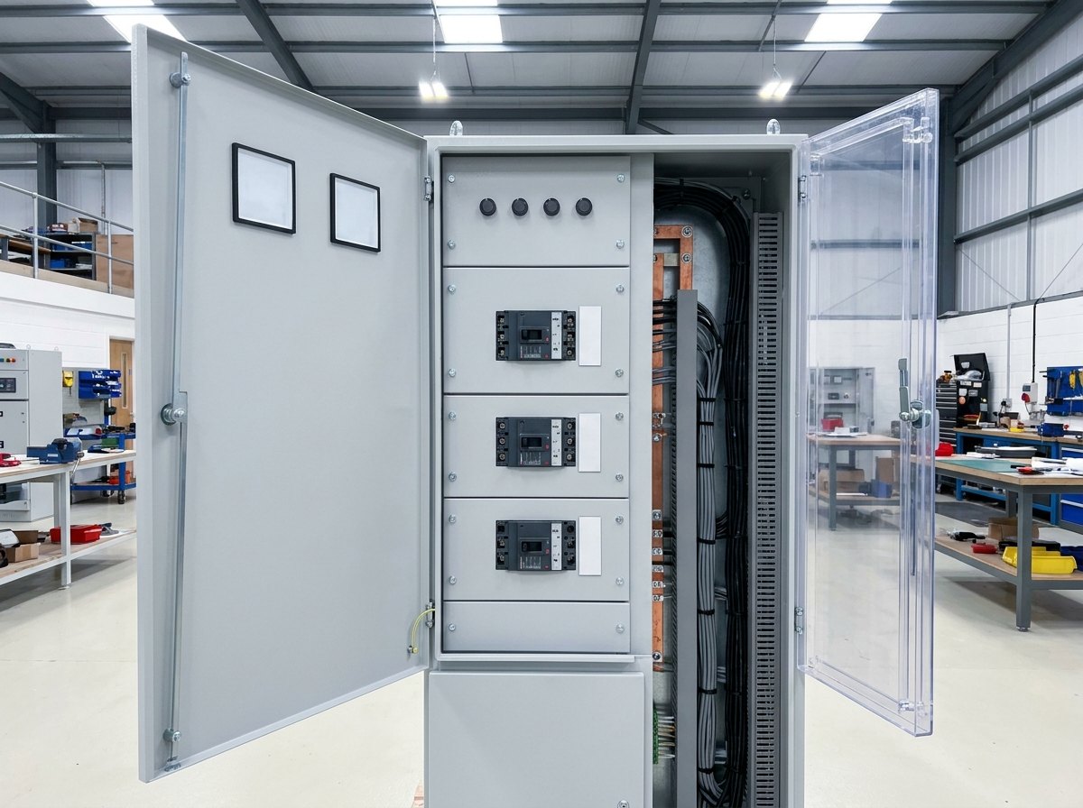 Illustrative of the class — close view of the front of a single switchboard cubicle with its door swung open in a clean assembly hall: a vertical stack of three moulded-case circuit breakers on plain grey escutcheon plates each with a black operating toggle and a blank legend strip beside it, blank square meter faces set into the door panel, a hinged transparent inner cover standing open, copper busbar and looms of small control wiring in slotted trunking visible in the cubicle behind, no people and no readable markings