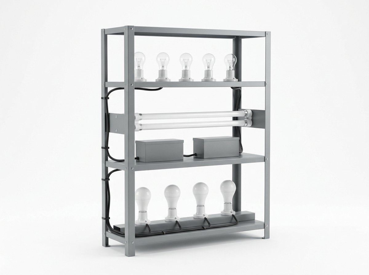 A lamp load rack on a plain white studio background: an open grey painted steel rack with three shelves, the top shelf carrying a row of five clear filament bulbs in white porcelain lampholders, the middle shelf two white fluorescent tubes above two plain grey boxes, and the bottom shelf a row of four opal white lamps in porcelain lampholders, with black cables tied along the rack, and no people