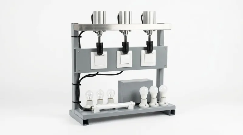 A switch endurance test machine on a plain white studio background: an open frame of grey painted steel with a grey mounting plate carrying a row of three plain white wall switches, a bright steel crossbar above it carrying three bright pneumatic cylinders whose rounded black fingers press the three rockers, and on a lower shelf a row of clear filament bulbs, a white fluorescent tube, a plain grey box and a row of opal white lamps in porcelain lampholders joined by black cables, and no people