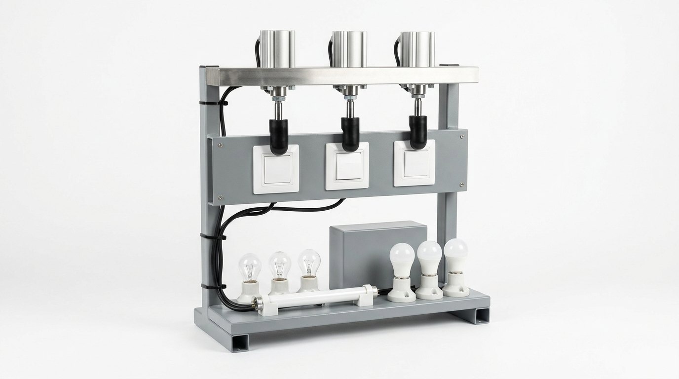 A switch endurance test machine on a plain white studio background: an open frame of grey painted steel with a grey mounting plate carrying a row of three plain white wall switches, a bright steel crossbar above it carrying three bright pneumatic cylinders whose rounded black fingers press the three rockers, and on a lower shelf a row of clear filament bulbs, a white fluorescent tube, a plain grey box and a row of opal white lamps in porcelain lampholders joined by black cables, and no people