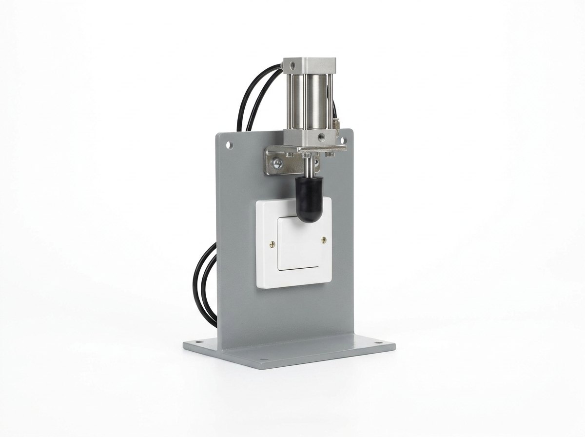 A single test station on a plain white studio background: a grey painted steel mounting plate standing upright on a base, carrying one plain white wall switch in a square white plate, with a short bright pneumatic cylinder on a bracket above it and a rounded black finger pressing the upper half of the rocker, two black cables and two black air tubes leading away, and no people