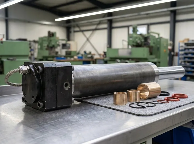 Representative render — a heavy machined hydraulic actuating cylinder assembly on an inspection bench with honed steel barrel, extended chrome piston rod and a black electromagnet housing