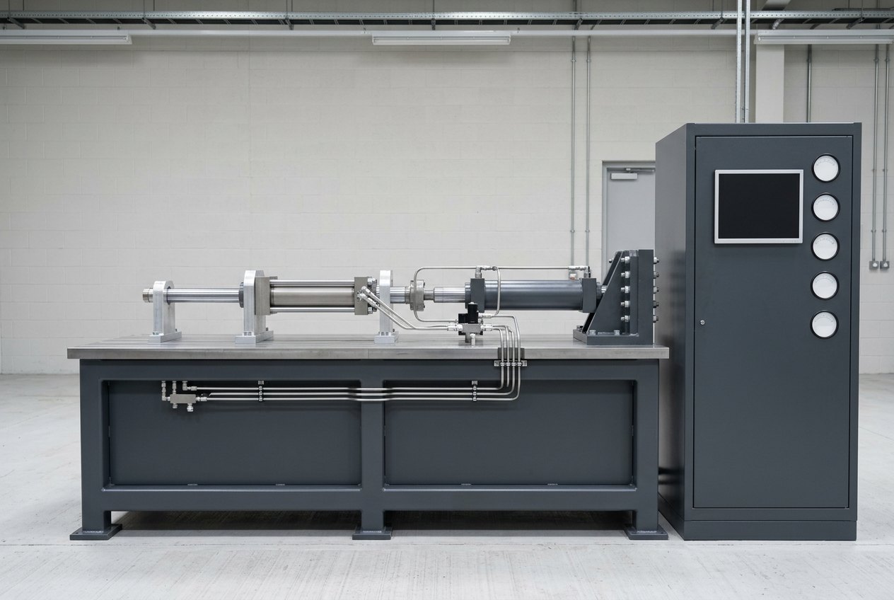 Illustrative of the class &mdash; a rotor actuator test rig in a clean aerospace test laboratory: a heavy charcoal-grey steel bench with a bare machined steel worktop, a slender hydraulic actuator mounted horizontally along it between bright machined steel end fixtures, an in-line hydraulic loading cylinder pushing against a heavy bolted reaction bracket, clean stainless hydraulic tubing running down into the bench and a tall slim instrument cabinet alongside carrying a dark switched-off screen and blank-faced meters, no people, nothing running and no readable markings