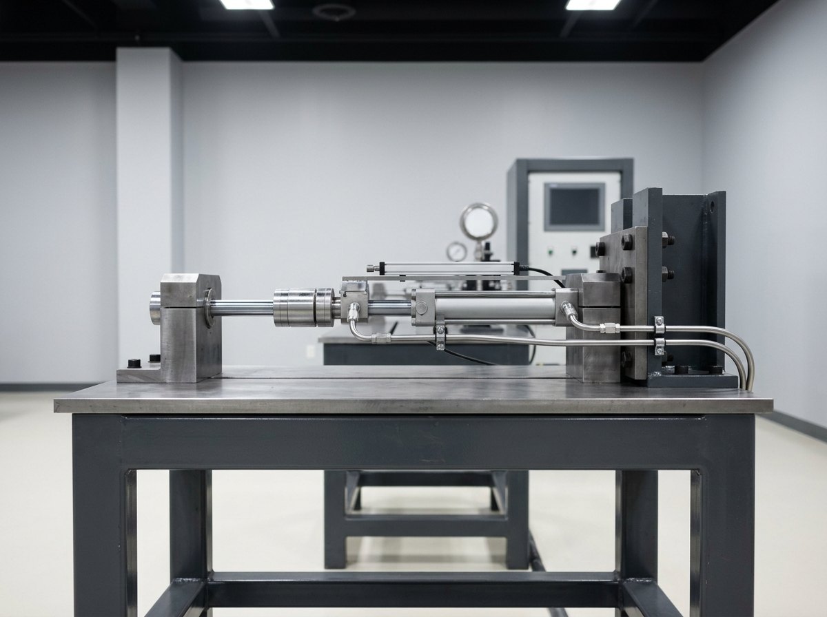 Illustrative of the class &mdash; close view along the test station: a slender hydraulic actuator with a bright chromed piston rod clamped between two machined steel mounting blocks bolted to a bare machined steel worktop, a cylindrical load cell in line with the rod end, a slim displacement transducer on a bracket alongside, two stainless hydraulic tubes entering the actuator body through plain unmarked fittings and the heavy bolted reaction bracket behind, no people, nothing running and no readable markings