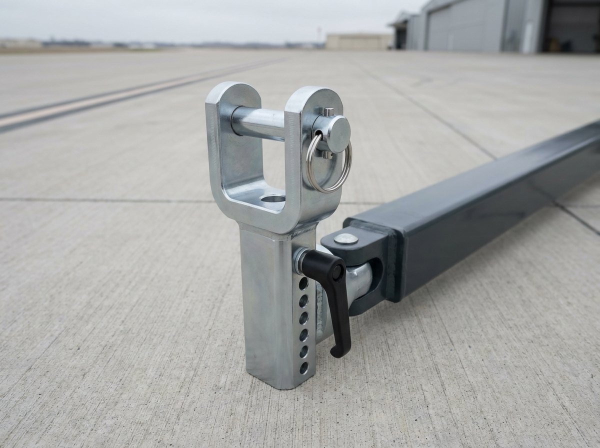 Illustrative of the class — close view of the head end of an aircraft towbar on clean concrete: a machined bright-steel fork fitting with two parallel jaws, a large vertical chrome shear pin through the jaws with a bright retaining collar and small lanyard ring, an adjustable height slide with a row of plain drilled holes and a locking handle beneath the fitting, and a pivoting articulation joint where the head meets the dark-grey painted beam, no aircraft, no people and no readable markings