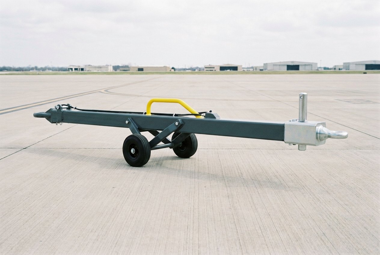 Illustrative of the class — a long heavy aircraft towbar resting on an empty concrete apron: a straight painted dark-grey steel box-section beam with a machined bright-steel tow head at the far end carrying a large vertical chrome pin, a yellow-painted lifting handle arching over the middle, a pair of small solid black rubber castor wheels on a folding leg beneath the centre, and a heavy machined hitch eye at the near end, on clean brushed concrete with faint painted apron line markings, no aircraft, no people and no readable markings
