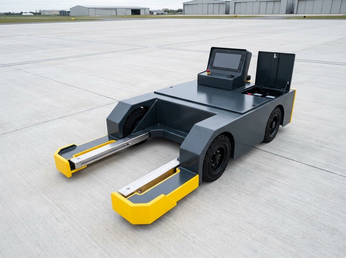 Illustrative of the class — a low-profile electric towbarless aircraft tug standing alone on an empty concrete apron: a compact wide dark-grey and safety-yellow painted machine barely knee height, with a deep open U-shaped cradle opening towards the camera at the front, two bright machined lift arms lying flat inside the cradle mouth, solid black rubber tyres set into the body, a small upright operator control console with a blank dark panel at the rear and a hinged battery compartment cover on top, no aircraft, no people and no readable markings