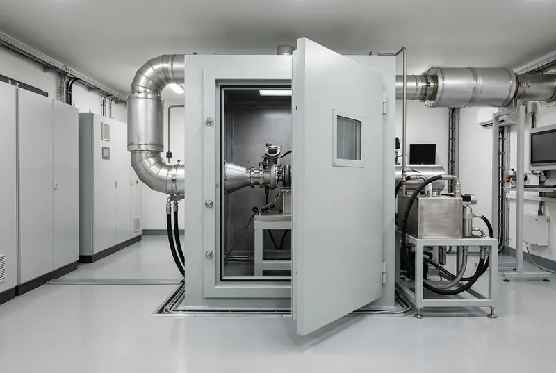 Illustrative of the class — a turbocharger test cell seen through its open access door: a heavy light-grey painted steel containment enclosure with a thick hinged front panel carrying a small laminated viewing window, large insulated stainless gas ducting entering from the left and leaving through a lagged silencer, a compact stainless oil conditioning skid on a light-grey frame alongside with braided hoses, plain light-grey instrument cabinets with completely blank panels along the wall, clean epoxy floor, no people, nothing running and no readable markings
