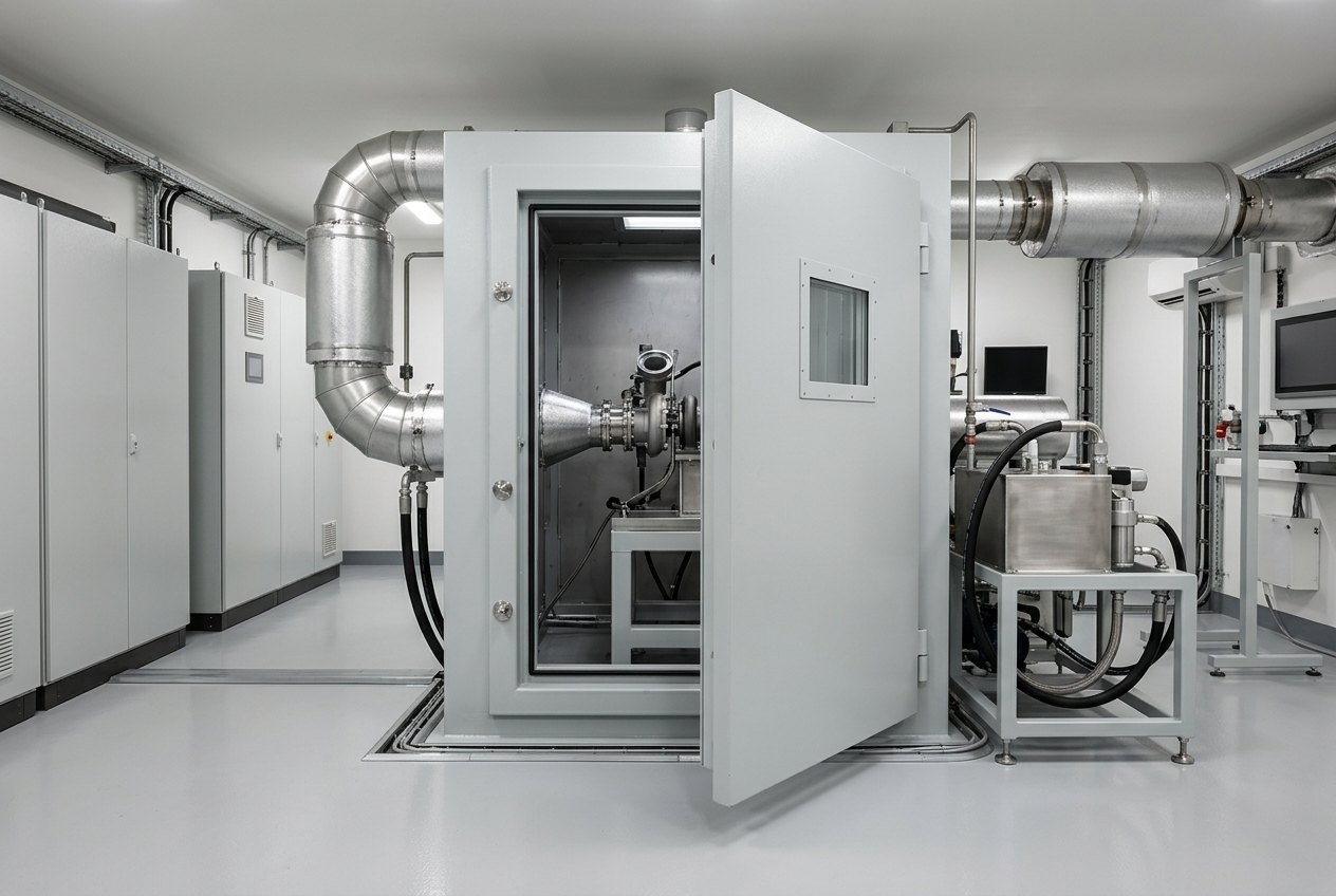 Illustrative of the class — a turbocharger test cell seen through its open access door: a heavy light-grey painted steel containment enclosure with a thick hinged front panel carrying a small laminated viewing window, large insulated stainless gas ducting entering from the left and leaving through a lagged silencer, a compact stainless oil conditioning skid on a light-grey frame alongside with braided hoses, plain light-grey instrument cabinets with completely blank panels along the wall, clean epoxy floor, no people, nothing running and no readable markings