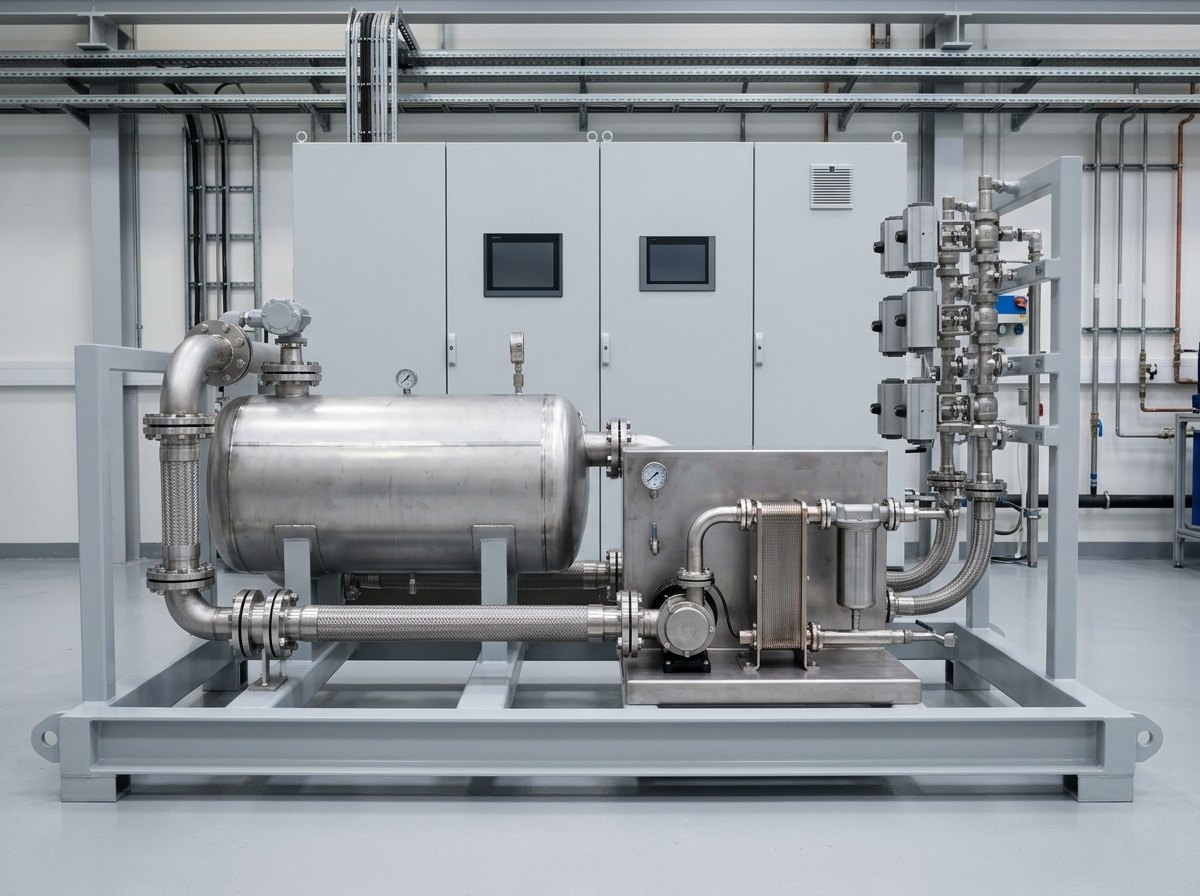 Illustrative of the class — a gas supply and oil conditioning skid in a clean test laboratory: a light-grey painted steel skid frame carrying a horizontal cylindrical insulated air heater vessel with a stainless jacket, a compact stainless oil conditioning module alongside with a small pump, a plate heat exchanger and a filter housing, heavy stainless pipework with bolted flanges and clean braided flexible hoses, a bank of stainless control valves with plain unmarked actuators, and a plain light-grey control cabinet with completely blank panels and dark switched-off screens behind, no people, nothing running and no readable markings