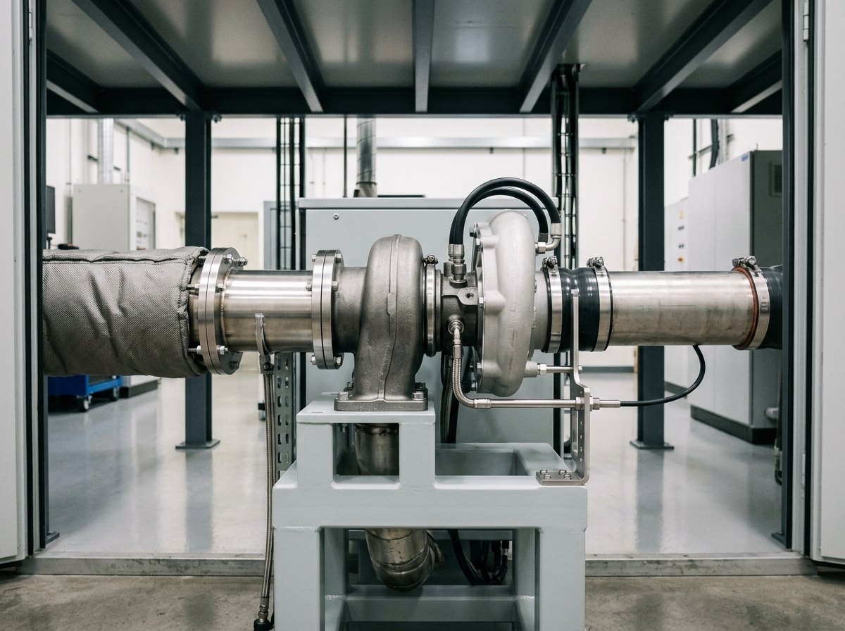 Illustrative of the class — close view inside an opened test section: a medium automotive-size turbocharger mounted on a light-grey painted steel cradle, its two spiral volute housings in bare unpainted cast aluminium and cast iron with completely smooth unmarked surfaces, a machined stainless adapter flange bolting the turbine housing to insulated gas ducting, a short stainless compressor outlet duct opposite, two braided oil feed and drain lines with clean fittings running to the bearing housing, and a slim stainless speed probe on a machined bracket at the compressor inlet, no people, nothing running and no readable markings