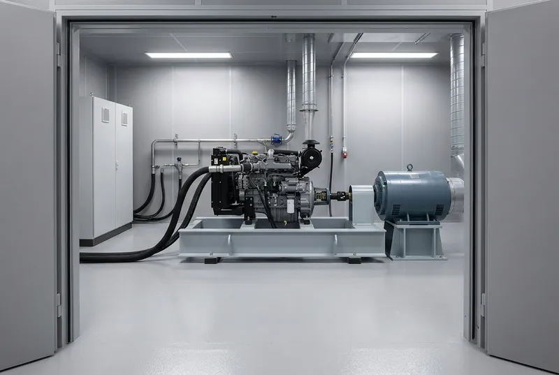 Illustrative of the class — an engine test cell seen from the open doorway: a generic unbadged grey and black four-cylinder diesel engine mounted on a heavy light-grey painted steel bedplate, coupled through a short guarded driveshaft to a large cylindrical blue-grey electric dynamometer on its own pedestal to the right, thick black flexible hoses and stainless pipework running neatly to wall connections, a plain light-grey instrument cabinet with completely blank panels against the left wall, exhaust ducting rising to the ceiling, clean epoxy-coated floor, no people and no readable markings