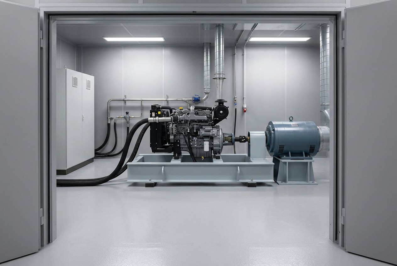 Illustrative of the class — an engine test cell seen from the open doorway: a generic unbadged grey and black four-cylinder diesel engine mounted on a heavy light-grey painted steel bedplate, coupled through a short guarded driveshaft to a large cylindrical blue-grey electric dynamometer on its own pedestal to the right, thick black flexible hoses and stainless pipework running neatly to wall connections, a plain light-grey instrument cabinet with completely blank panels against the left wall, exhaust ducting rising to the ceiling, clean epoxy-coated floor, no people and no readable markings