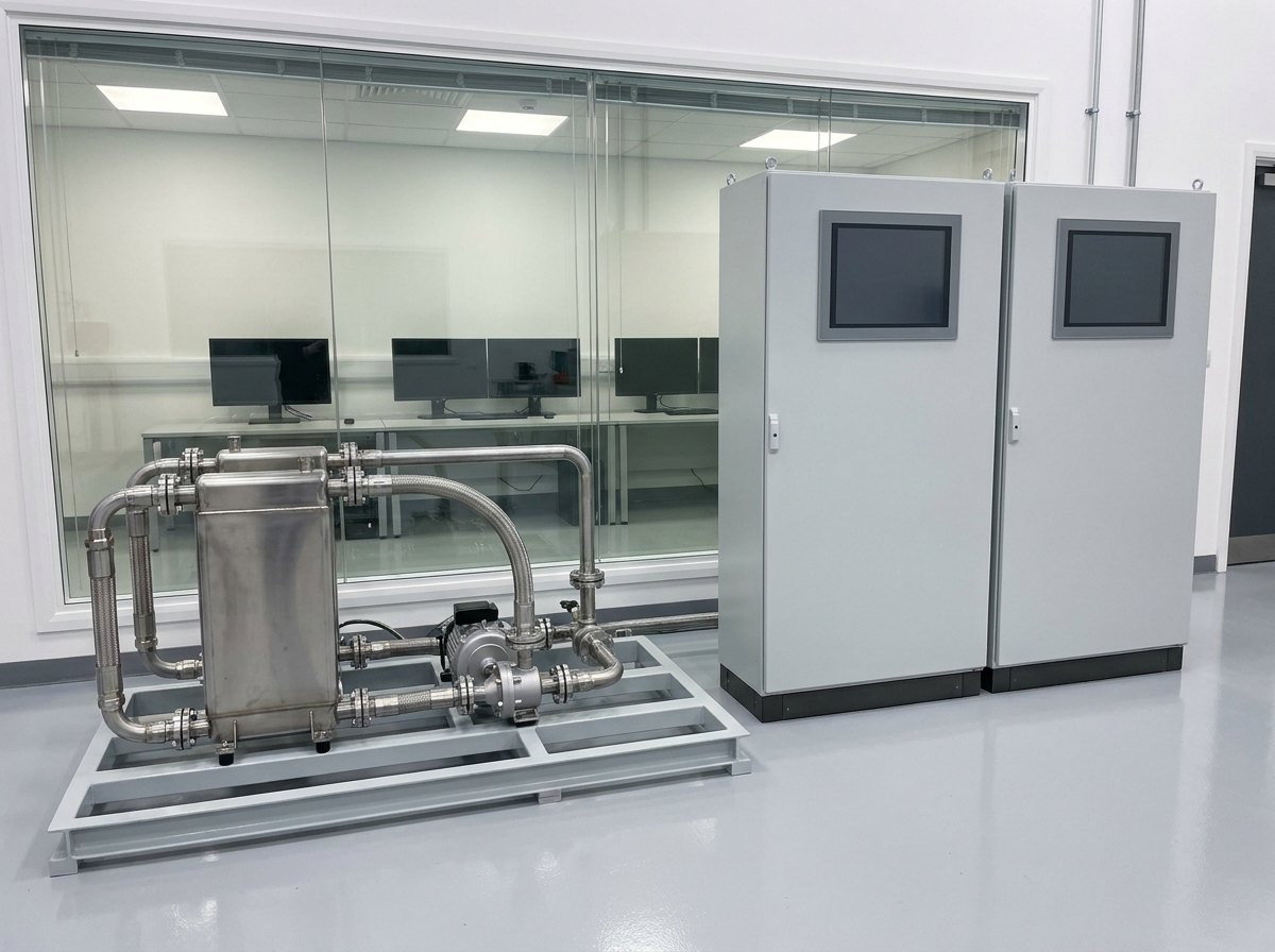 Illustrative of the class — the conditioning and control end of an engine test laboratory: a compact light-grey painted intake-air and fuel conditioning skid on a welded frame in the foreground with a stainless heat exchanger, a small pump, stainless pipework with flanged joints and braided flexible hoses, plain unmarked control cabinets alongside with blank panels and dark switched-off screens, and behind a large clean glass observation window the empty control room with plain desks and blank dark monitors, clean epoxy floor, no people and no readable markings