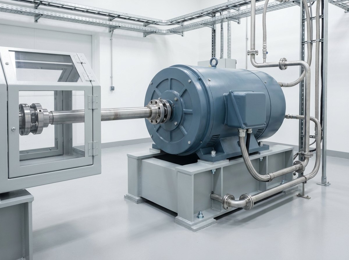 Illustrative of the class — close view of the dynamometer end of an engine test bench: a large cylindrical blue-grey electric dynamometer mounted on a heavy light-grey painted steel pedestal bolted to the floor, a short polished steel driveshaft with a bright machined flexible coupling running from the machine into a hinged clear-panelled light-grey shaft guard on the left, an armoured power cable entering through a clean gland box, stainless cooling pipework with flanged joints and braided flexible hoses, cable tray overhead, clean epoxy floor, no people and no readable markings