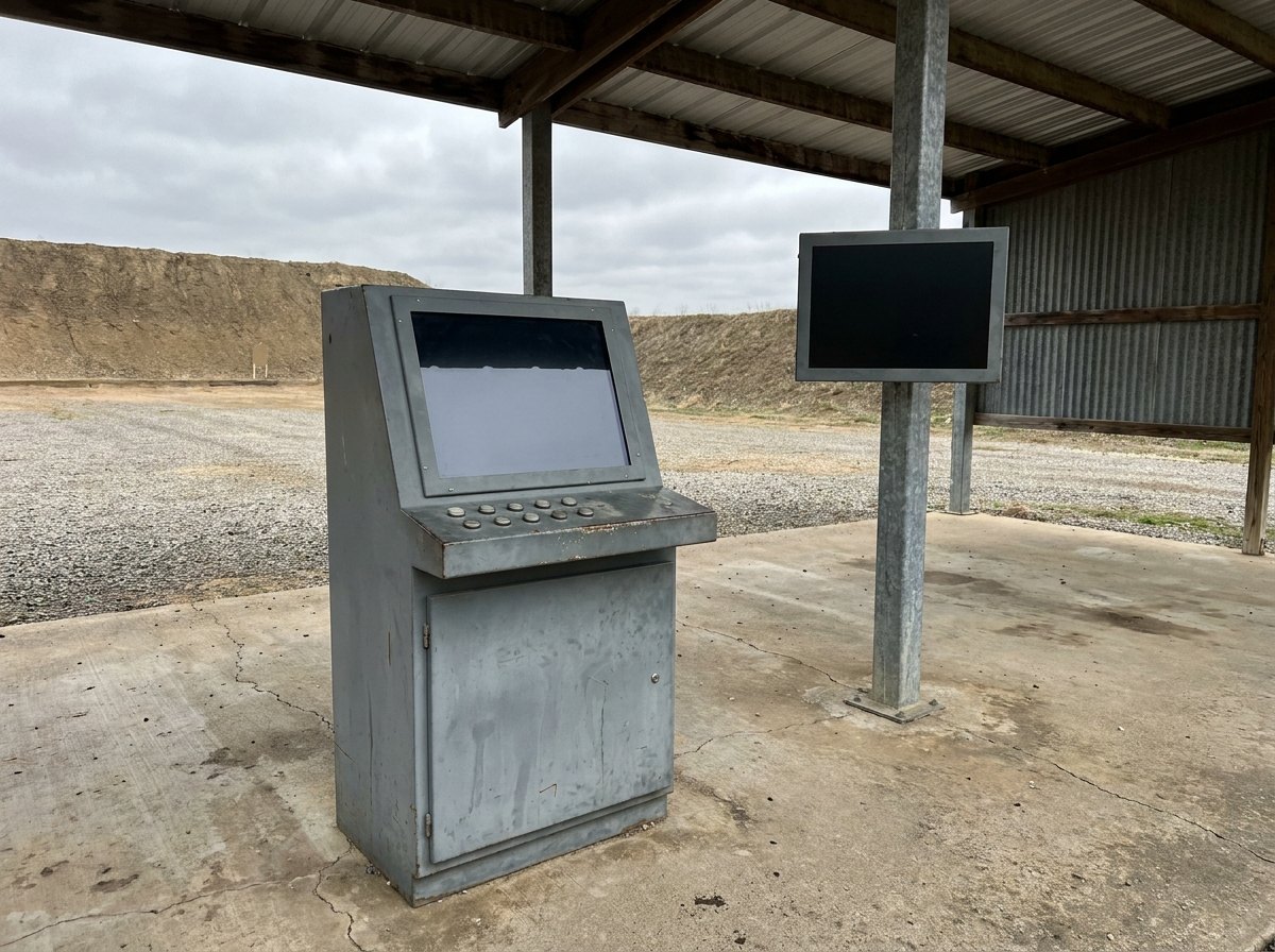 Illustrative image, not a delivered system — an instructor's control console at the firing point of an outdoor range under an open-sided shelter with a corrugated roof: a rugged grey steel console cabinet with one large blank dark screen set into its sloped top and a row of plain unmarked buttons, a second small blank display on a galvanised post beside it, weathered concrete underfoot and the range receding to a distant earth berm, no people and no text