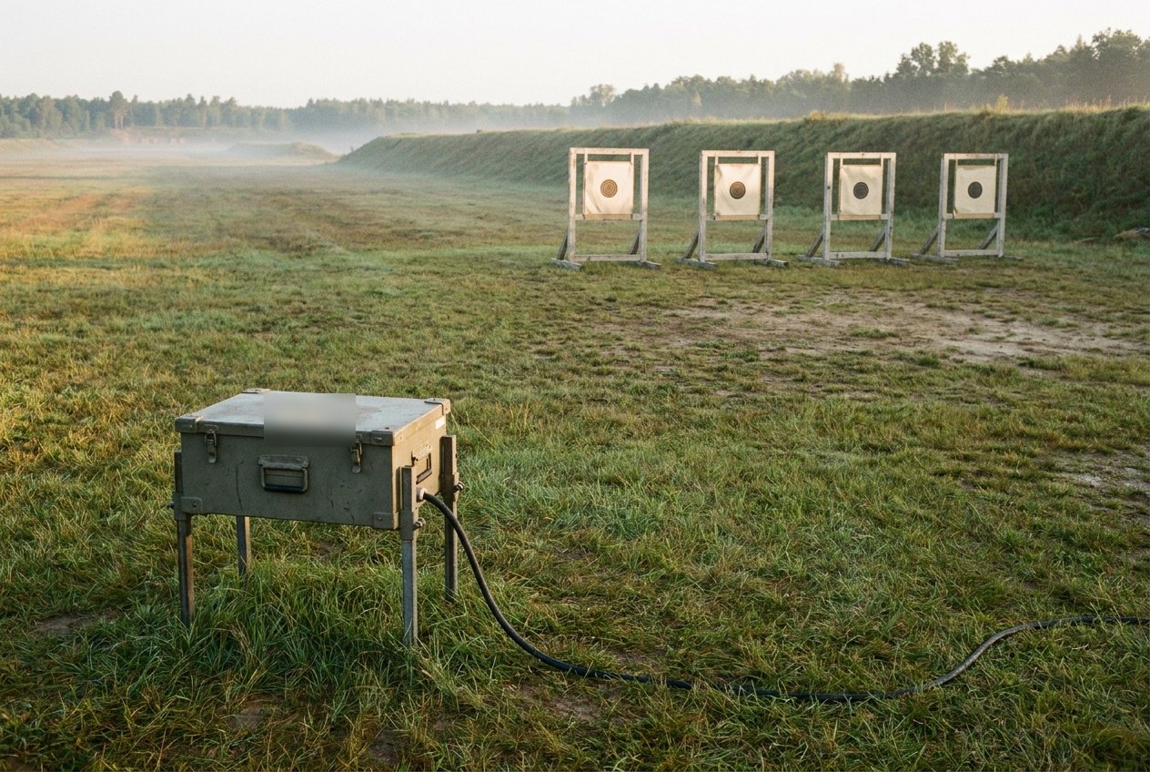 Illustrative image, not a delivered system — an outdoor field firing range at first light: a line of plain timber and canvas target frames spaced evenly against a long grassy earth berm in the distance, and in the near foreground a low rugged olive-grey acoustic sensor housing on short steel stakes with a cable running into the ground, mist over the grass, empty range, no people and no text