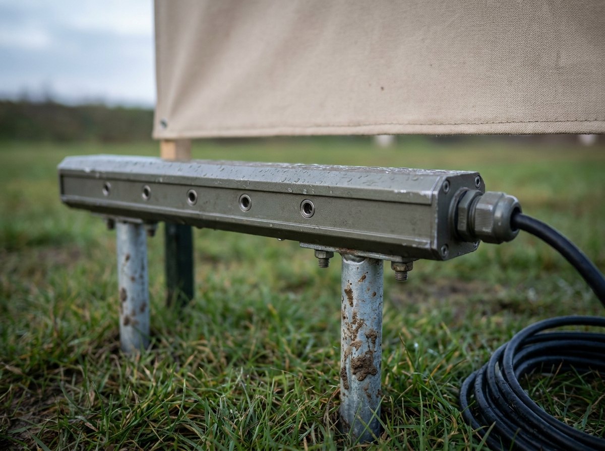 Illustrative image, not a delivered system — close view of a rugged acoustic sensor bar on a firing range: a horizontal olive-grey aluminium housing about a metre long with a row of small circular sensor ports along its front face and a sealed cable gland at one end, bolted to two short galvanised stakes in the grass, morning dew on the housing, the lower edge of a plain canvas target frame out of focus behind, no people and no text