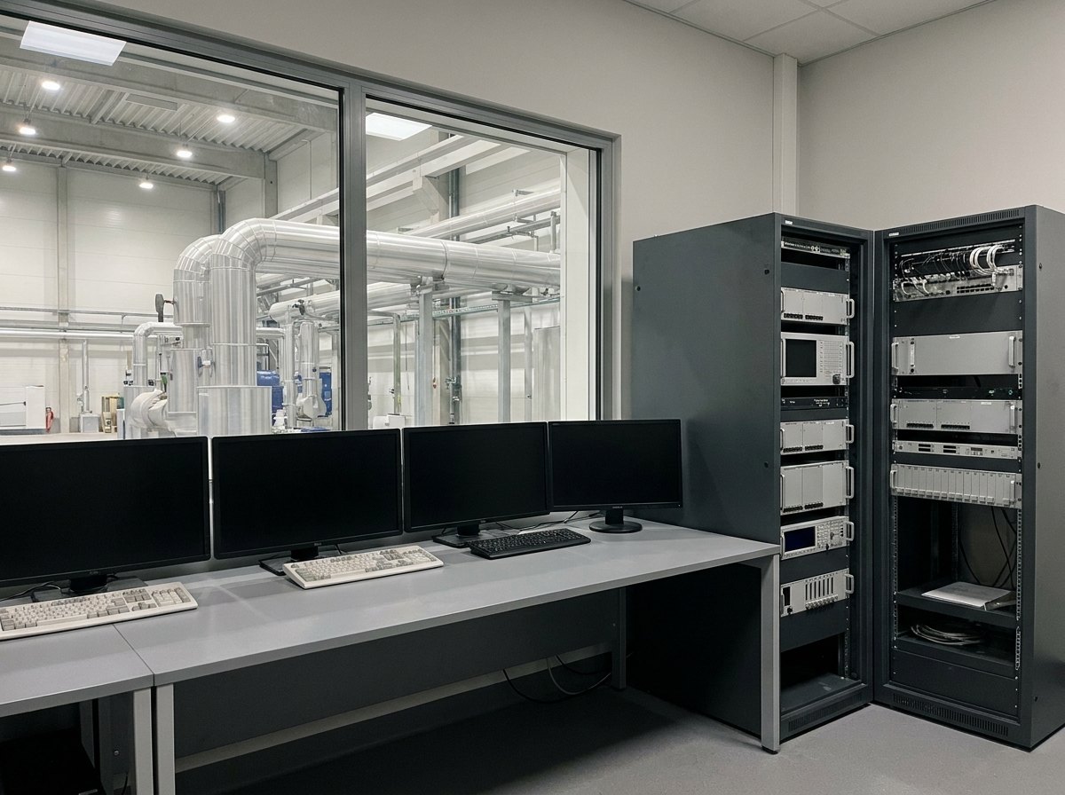 Illustrative image, not a delivered installation — a control and data-acquisition room for a thermal-hydraulic test loop: a control console and instrument and data-acquisition equipment racks with dark blank monitors, behind a window looking onto the loop hall, matte grey and unmarked, no text and no people