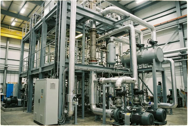 Illustrative image, not a delivered installation — a multi-storey thermal-hydraulic test loop in a research hall: a tall structural-steel frame carrying insulated high-pressure piping in a closed loop, a vertical heated test section, a pressuriser, circulation pumps and a condenser, with an instrumentation cabinet, no text and no people