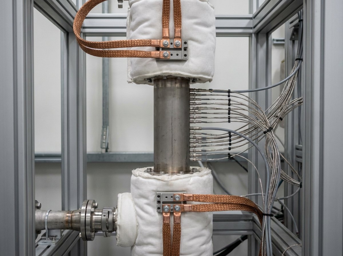 Illustrative image, not a delivered installation — a vertical heated test section of a thermal-hydraulic loop: an insulated instrumented section with heavy electrical heater-power connections and many fine thermocouple and pressure-tap leads bundled off it, with a flow meter in the line, matte steel, no text and no people