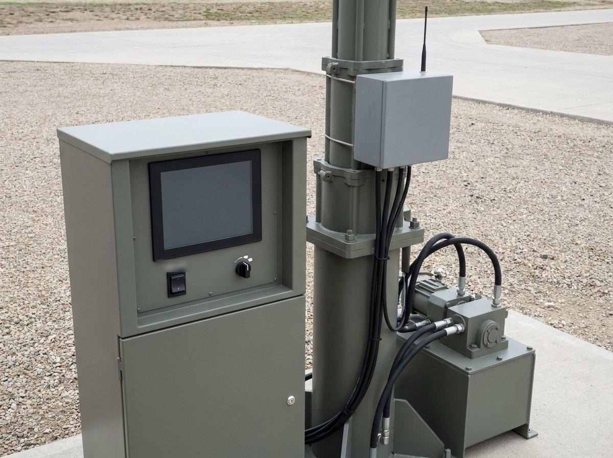 Illustrative image, not a delivered installation — a mast control and actuation unit: a control console with a blank screen and raise and lower controls, an actuation and valve block and cabling at the mast base, matte grey, no text and no people