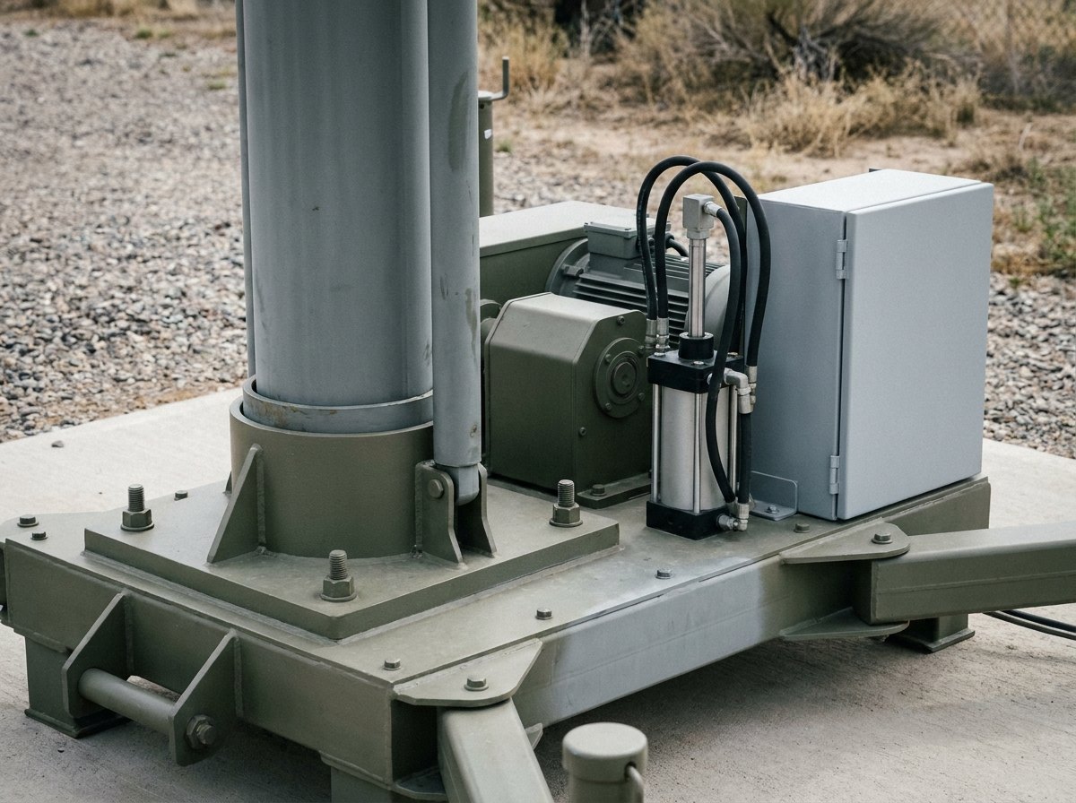 Illustrative image, not a delivered installation — the base of a telescopic mast: nested tube sections rising from a base with a pneumatic and electromechanical drive unit, an actuation module and control box, and levelling feet and outriggers, matte grey, no text and no people