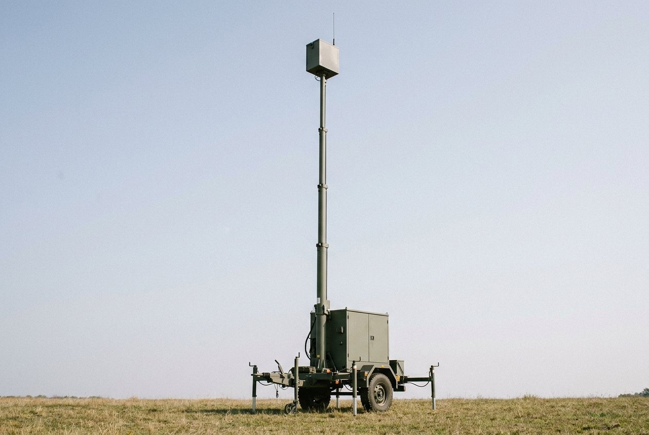 Illustrative image, not a delivered installation — a trailer-mounted telescopic mast extended to full height in an open field carrying a small plain generic payload box at the top, the trailer levelled on deployed outriggers with a control cabinet, no text, no markings and no people