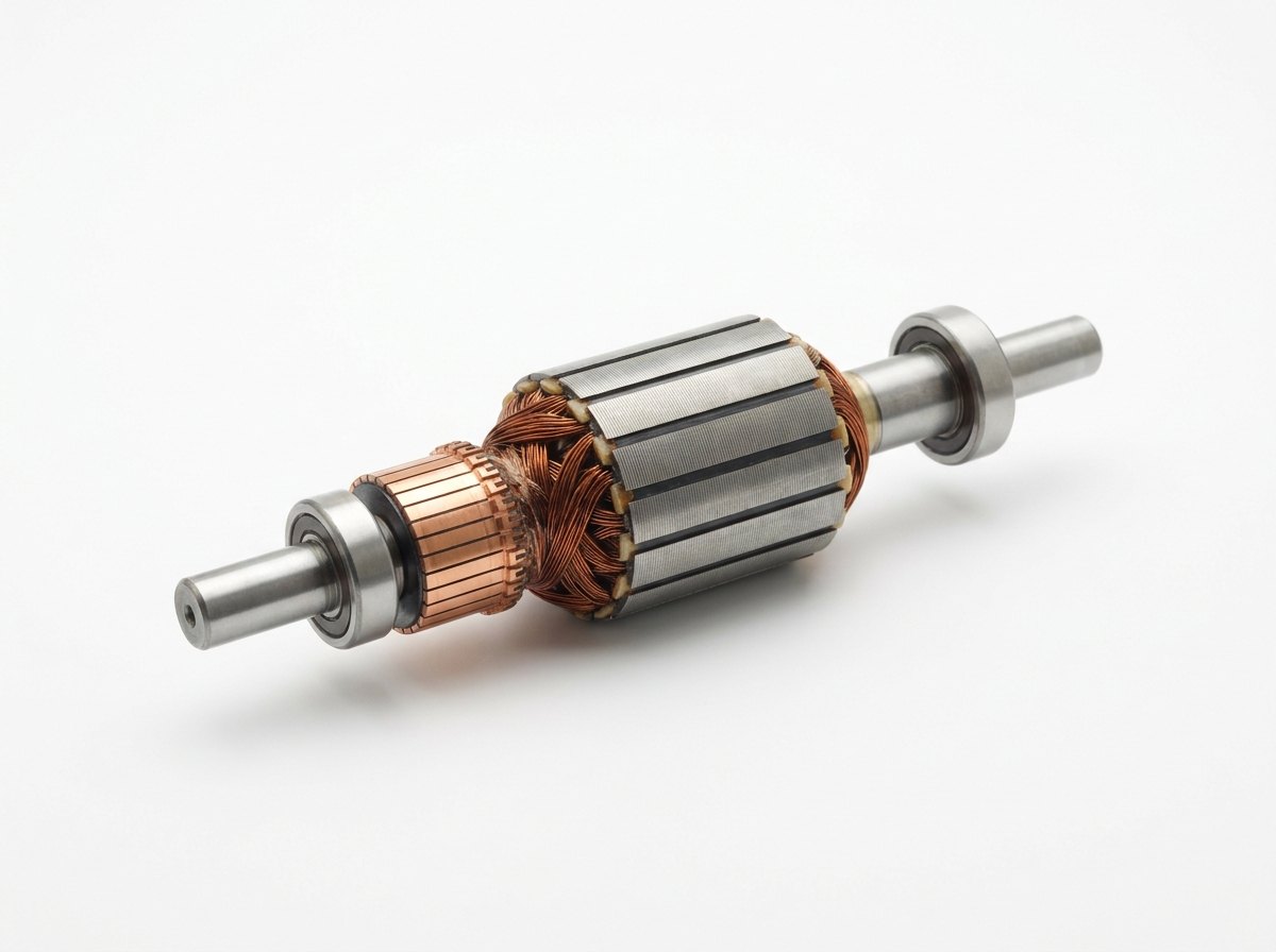 A single wound traction motor armature on a plain white studio background: a bright steel shaft carrying a laminated steel core with copper winding ends and a copper commutator of many fine segments, with a bearing seat at each end, and no people