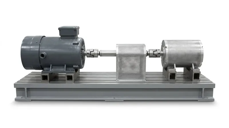 A single traction motor test bench on a plain white studio background, seen from the side: a long flat grey steel bed plate with machined slots carrying, in one straight line on a common shaft axis, a large cylindrical dark grey electric traction motor with a square terminal box on two cradle blocks, a bright torque-measuring shaft with a flexible coupling at each end under a perforated sheet steel guard, and a plain bright cylindrical load machine on two cradle blocks, and no people