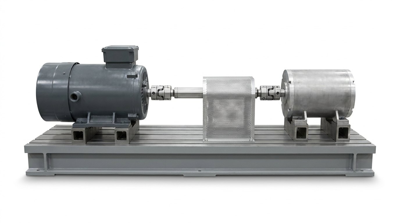 A single traction motor test bench on a plain white studio background, seen from the side: a long flat grey steel bed plate with machined slots carrying, in one straight line on a common shaft axis, a large cylindrical dark grey electric traction motor with a square terminal box on two cradle blocks, a bright torque-measuring shaft with a flexible coupling at each end under a perforated sheet steel guard, and a plain bright cylindrical load machine on two cradle blocks, and no people