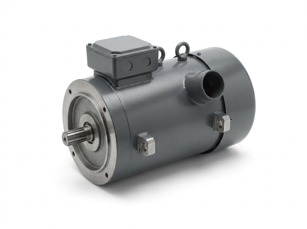 A single electric traction motor on a plain white studio background: a heavy cylindrical dark grey painted steel frame with a machined flange and a short splined output shaft at the front, a square terminal box on top, a round cooling air duct stub at the side, two lifting eyes and a pair of suspension lugs, and no people