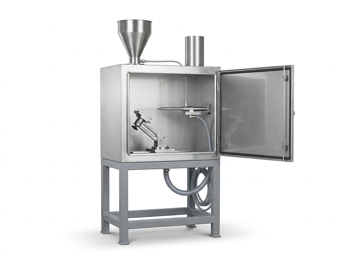A single solid particle erosion test rig on a plain white studio background: a bright stainless steel cabinet on a grey steel frame with its front door swung open, showing a small specimen holder on an adjustable angle arm facing a slim stainless steel nozzle tube, a stainless steel hopper with a conical base and a short round extraction duct on top, and a coiled flexible air hose below, and no people