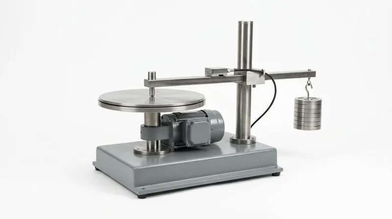 A single pin-on-disc tribometer on a plain white studio background: a heavy grey painted steel base carrying a smooth round bright steel disc stage on a short vertical spindle with a compact grey electric motor beside it, a stout vertical stainless steel column holding a horizontal loading arm that reaches over the disc to a small cylindrical pin holder, a slim square force sensor block on the arm with a thin black cable, and a neat stack of plain steel weights hanging from the far end of the arm, and no people