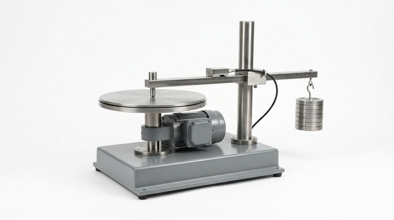 A single pin-on-disc tribometer on a plain white studio background: a heavy grey painted steel base carrying a smooth round bright steel disc stage on a short vertical spindle with a compact grey electric motor beside it, a stout vertical stainless steel column holding a horizontal loading arm that reaches over the disc to a small cylindrical pin holder, a slim square force sensor block on the arm with a thin black cable, and a neat stack of plain steel weights hanging from the far end of the arm, and no people