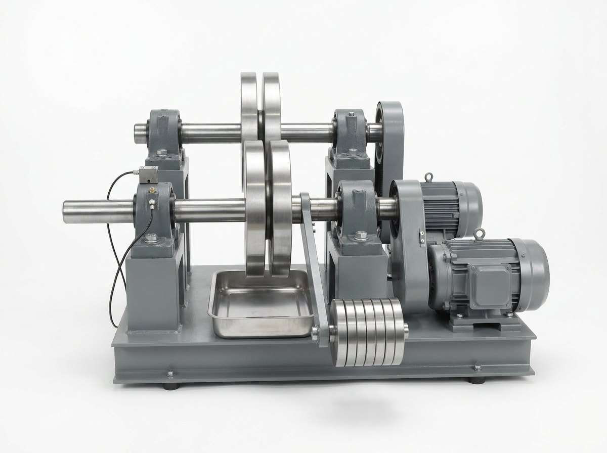 A single twin-disc rolling and sliding test rig on a plain white studio background: a heavy grey steel base plate carrying two parallel horizontal shafts in grey bearing blocks, each shaft with thick bright ground steel discs pressed edge to edge, a guarded belt drive and a grey electric motor for each shaft, a lever arm with a stack of plain steel weights loading the discs together, a shallow stainless steel drip tray under the contact and a thin black sensor cable, and no people